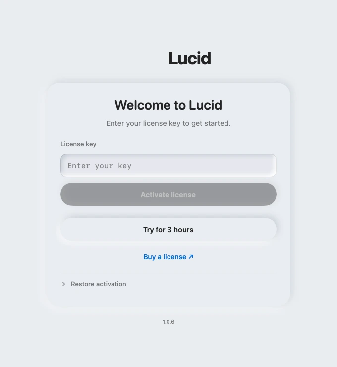 Lucid activation screen with license entry and Try for 3 hours