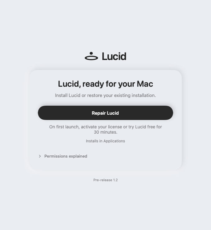 Lucid installer showing the Repair Lucid button on an existing installation