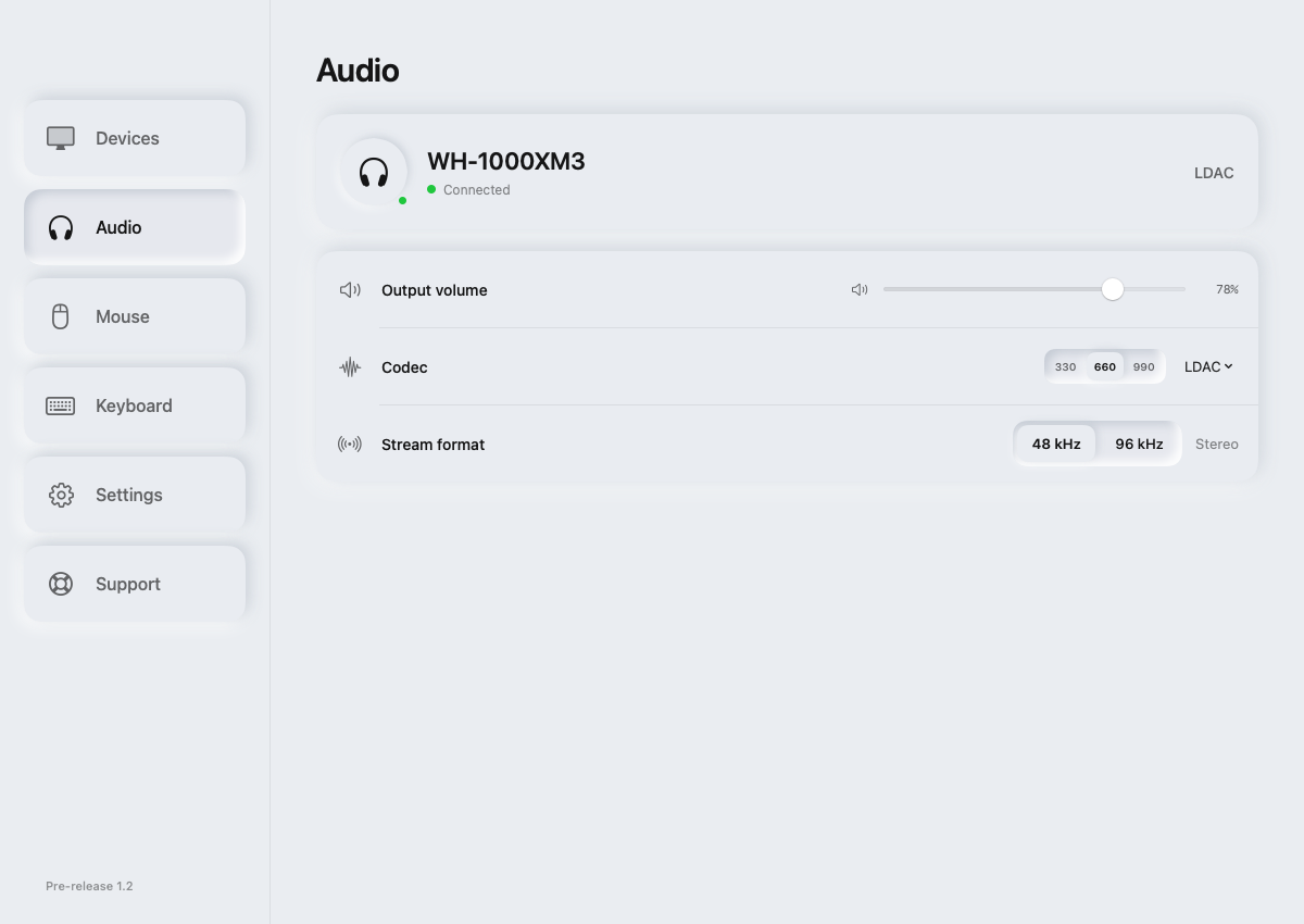 Lucid Audio screen with LDAC and stream format controls